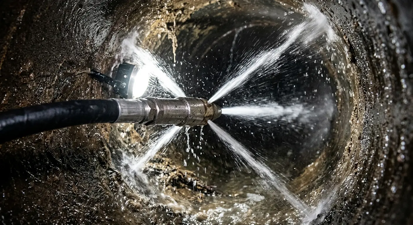 High-pressure hydro jetting nozzle cleaning sewer pipe for Trenchless Sewer Repair in Heath