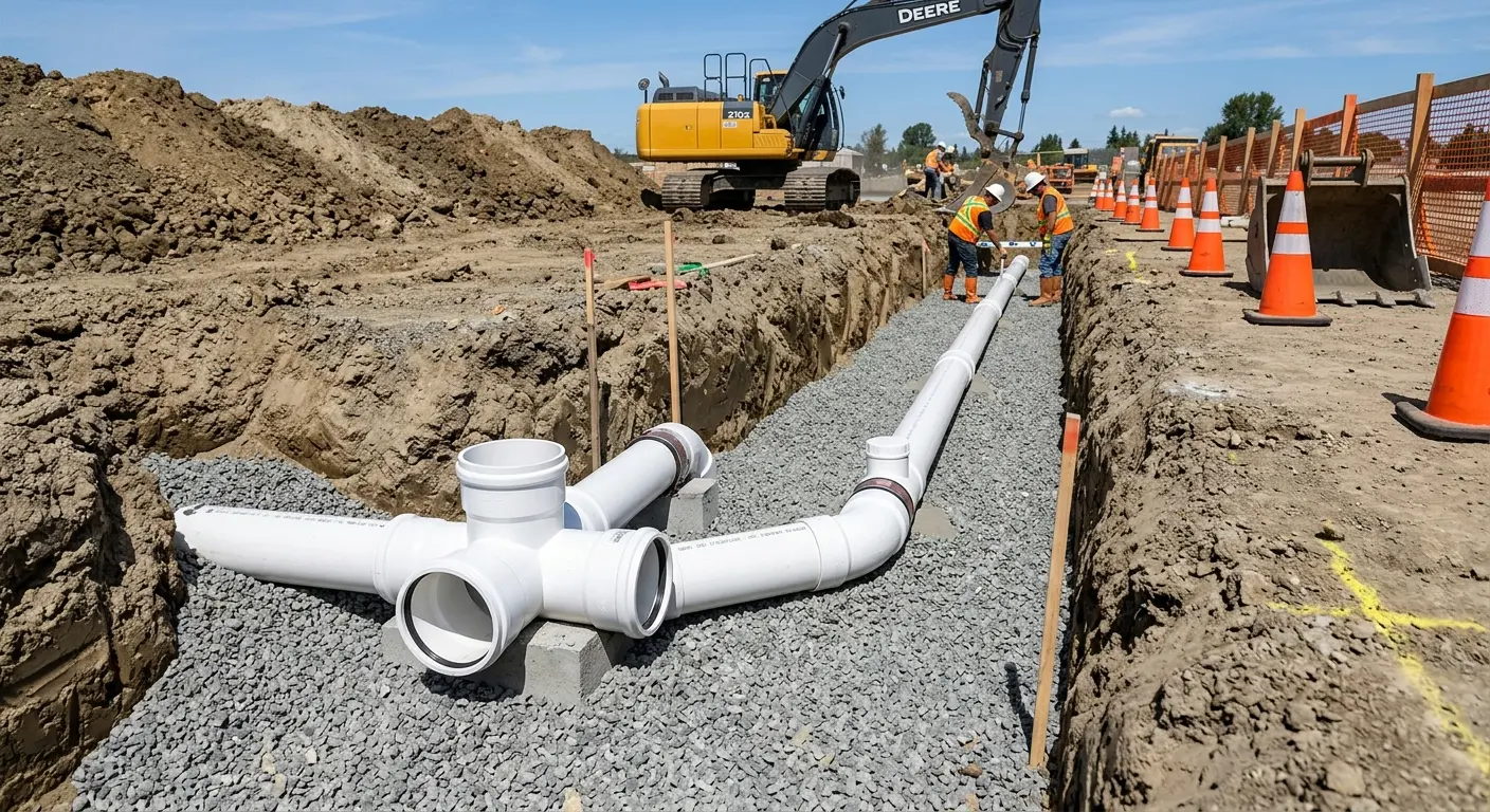 New PVC sewer pipe installation in open trench for Commercial Drain Cleaning in Heath