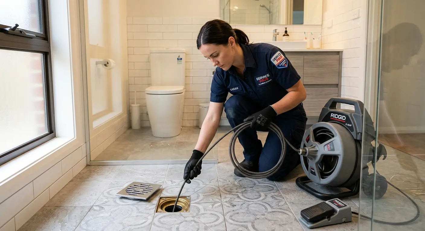 Technician clearing a bathroom floor drain for Drain Repair in Heath